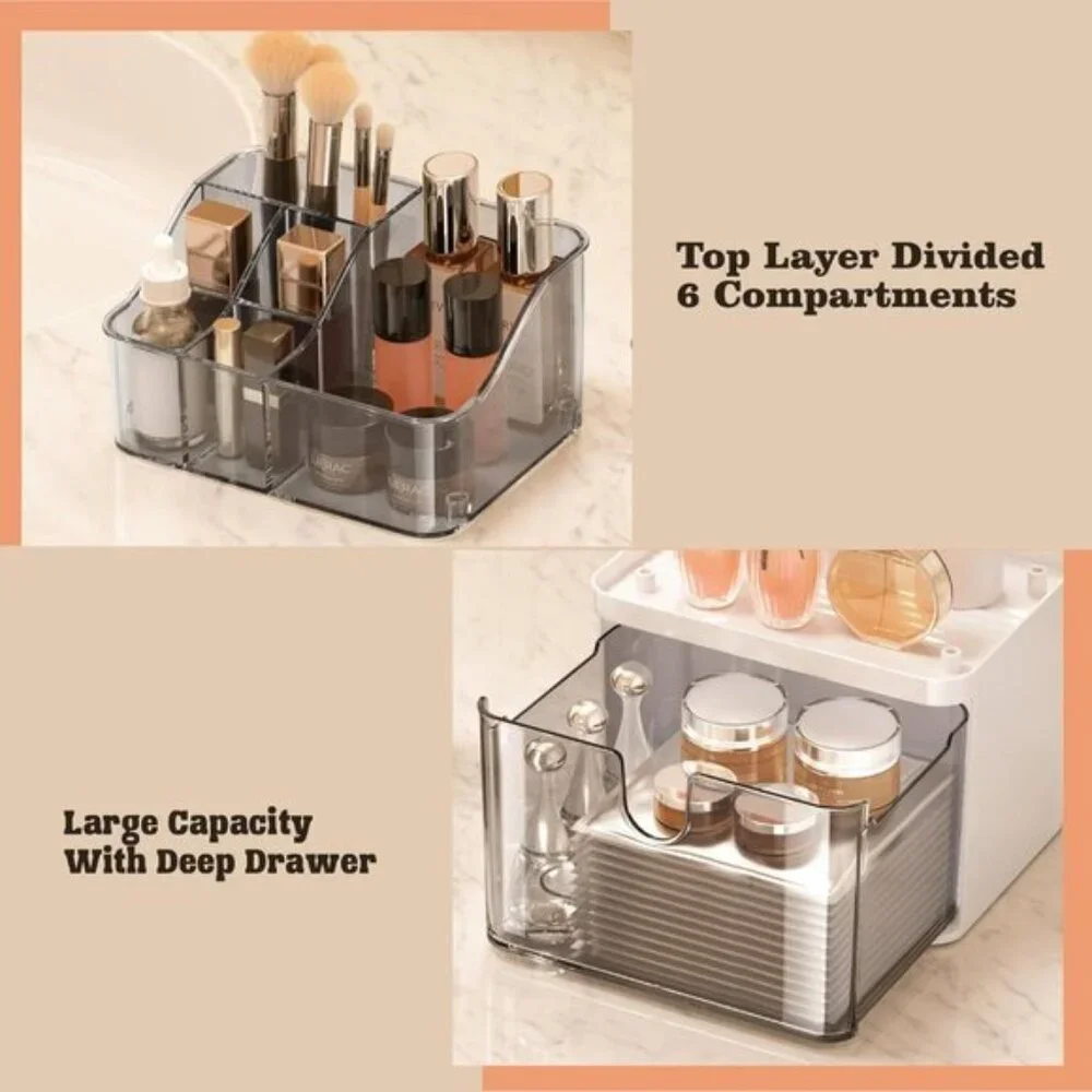 New 3-Tier Gray Makeup Organizer, Small Countertop Drawer Storage for Skincare